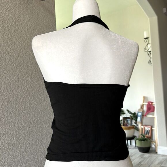 American Eagle Halter Top Ribbed Black Fitted V Neck Open Back Sleeveless - Picture 5 of 8